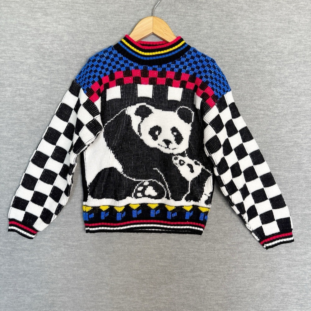 Vintage 80s 90s Girls Kids Panda‎ Sweater Size 8 Made USA Go Knitty Checkered
